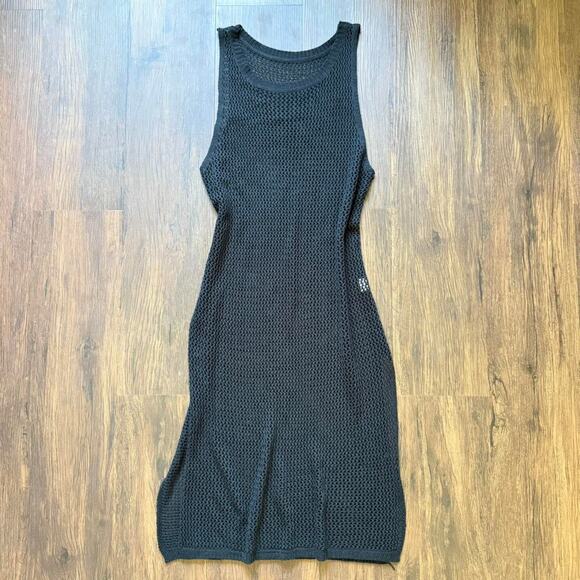 Black Crochet Mesh Knit Tank Dress with Side Slits – One Size - Picture 1 of 5